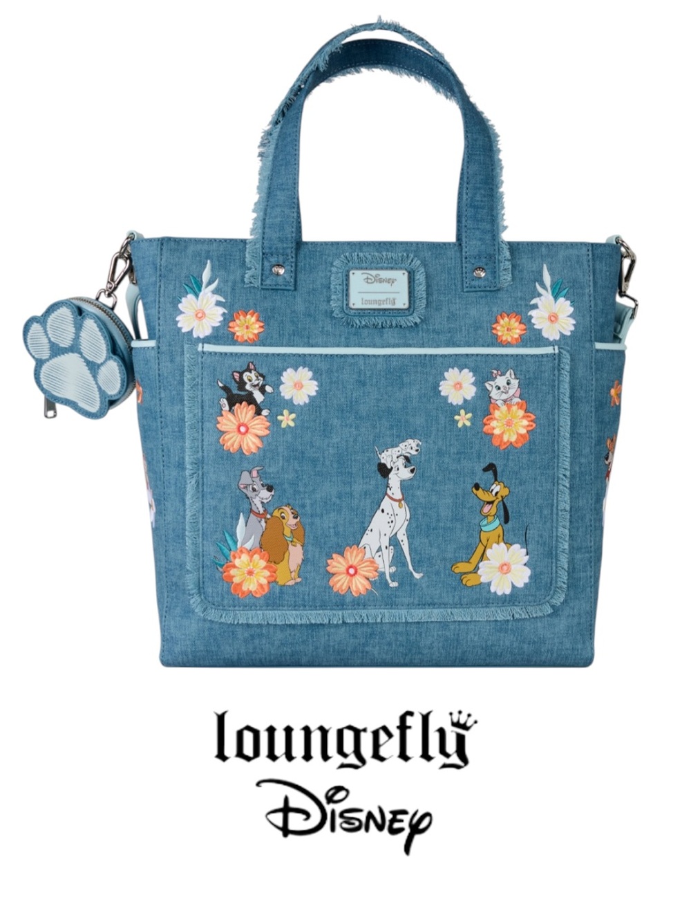 NWT Loungefly Disney Dogs & Cats Floral Denim Fringe Convertible Tote Bag